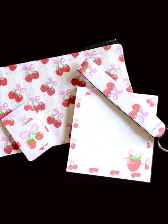 Hand Crafted Accessories - Handmade Strawberry Matching Set, fruit, pink, stripes, gift, zipper, book, key